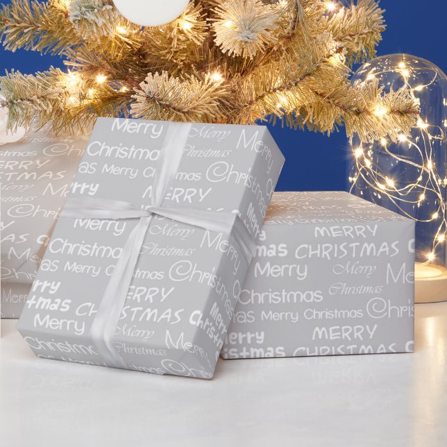 Gray Silver & White Merry Christmas Wrapping Paper (Holidays)