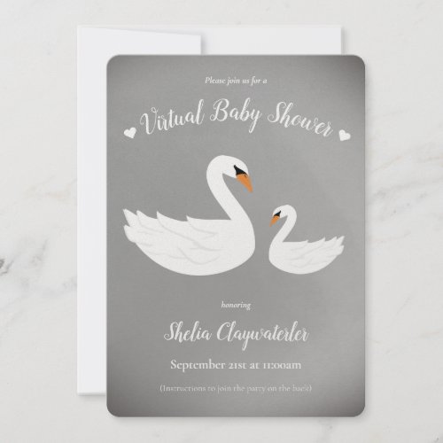 Gray Silver White Swan Bird Virtual Baby Shower Invitation