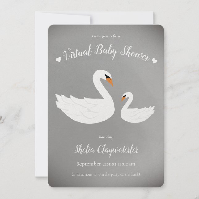 Gray Silver White Swan Bird Virtual Baby Shower Invitation (Front)