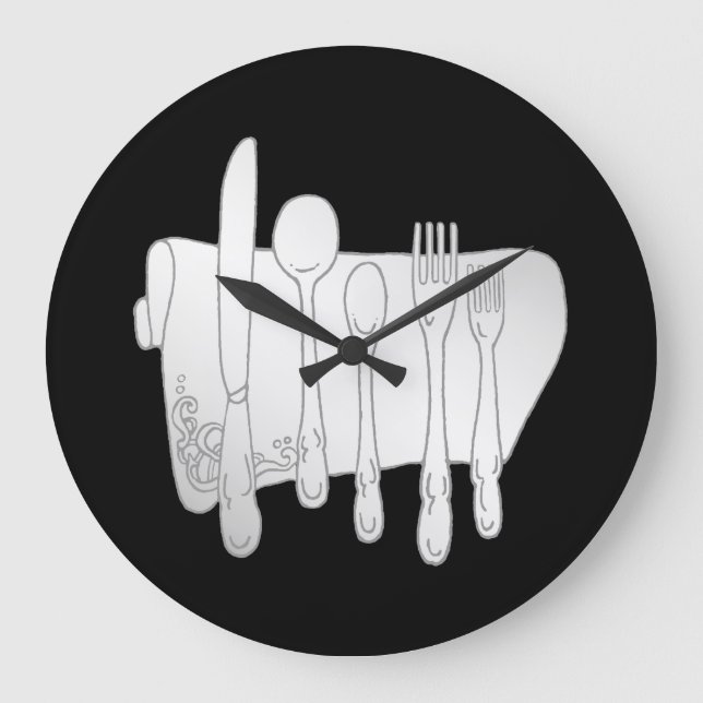 Gray Silverware on Black Kitchen Wall Clock (Front)