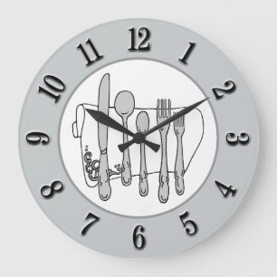 Gray Silverware White Napkin Black Number on Grey Large Clock