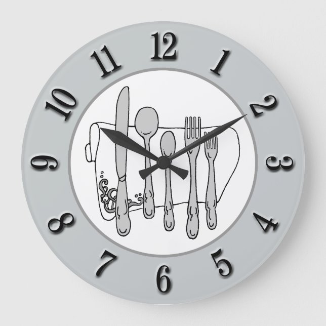 Gray Silverware White Napkin Black Number on Grey Large Clock (Front)