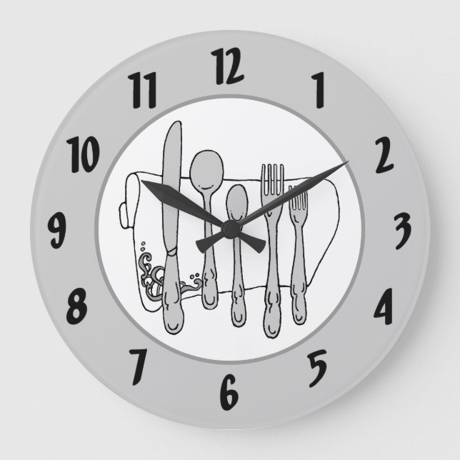 Gray Silverware White Napkin Black Numbers Clock (Front)