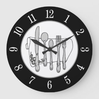 Gray Silverware White Napkin White Number on Black Large Clock