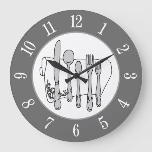 Gray Silverware White Napkin White Number on Grey Large Clock