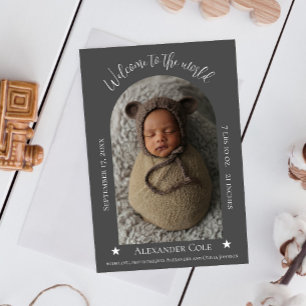 Gray Simple Arch Frame Photo Birth Announcement
