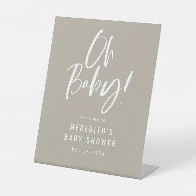 Gray Simple Calligraphy Neutral Baby Shower Pedestal Sign (Front)