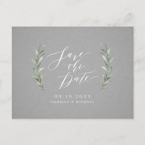 Gray Simple calligraphy rustic greenery wedding Announcement Postcard