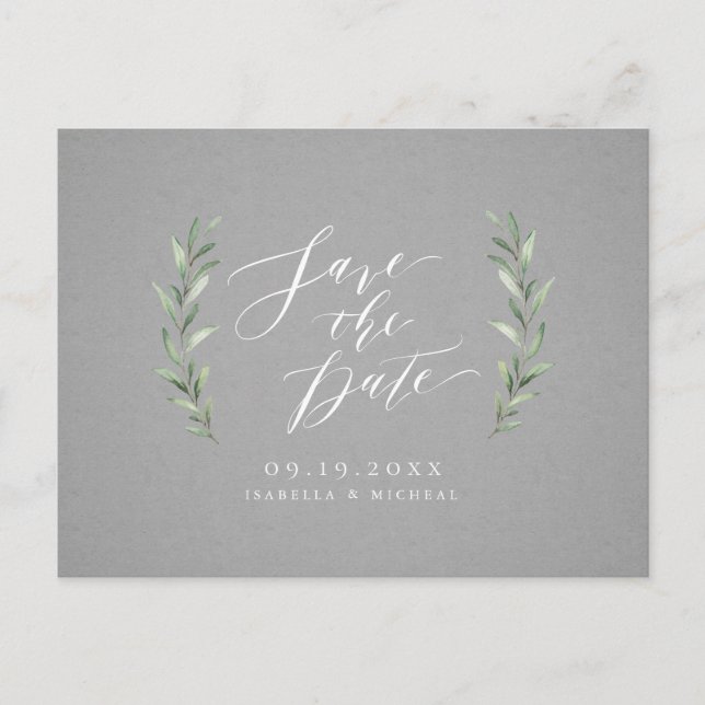 Gray Simple calligraphy rustic greenery wedding Announcement Postcard (Front)