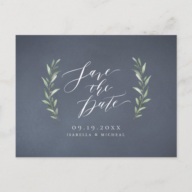 Gray simple calligraphy rustic greenery wedding announcement postcard (Front)