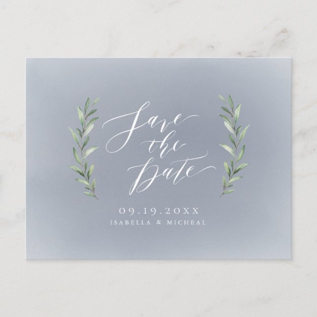 Gray simple calligraphy rustic greenery wedding announcement postcard (Front)