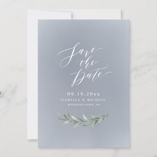 Gray simple calligraphy rustic greenery wedding save the date (Front)