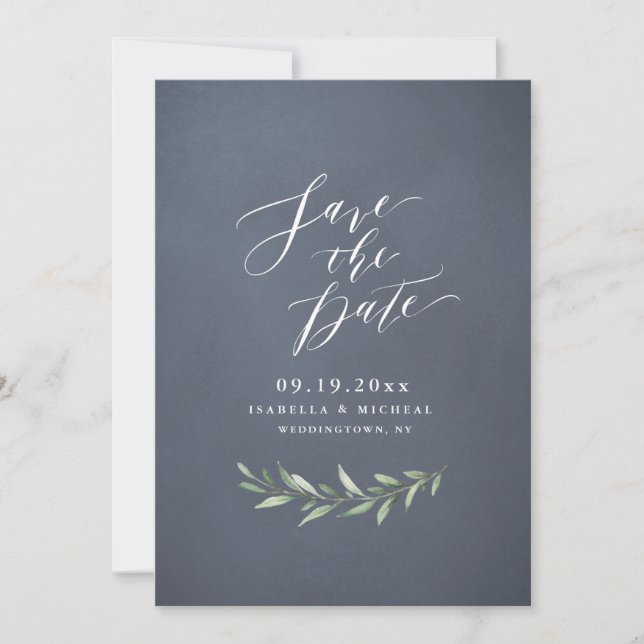 Gray simple calligraphy rustic greenery wedding save the date (Front)
