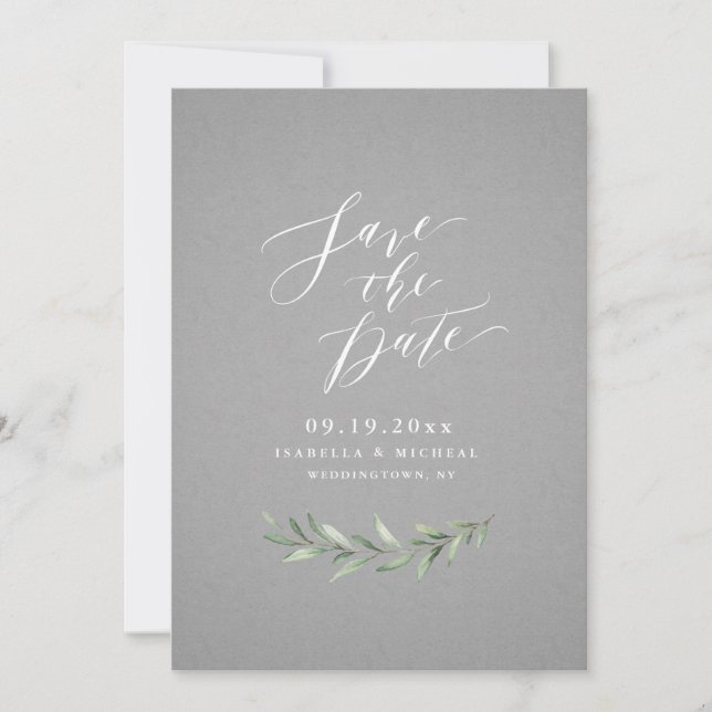 Gray Simple calligraphy rustic greenery wedding Save The Date (Front)
