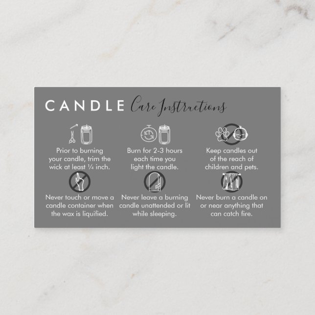 Gray Simple Candle Care Instructions Business Card (Back)