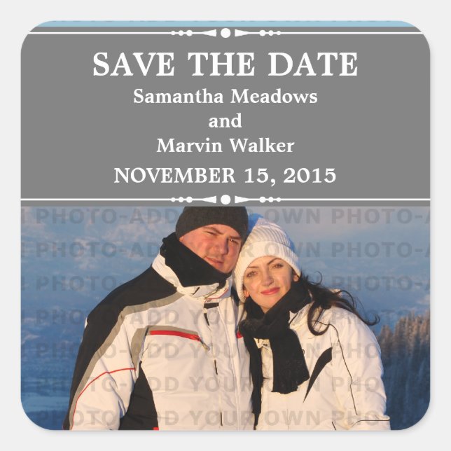 Gray Simple Chic Photo Save the Date Stickers (Front)