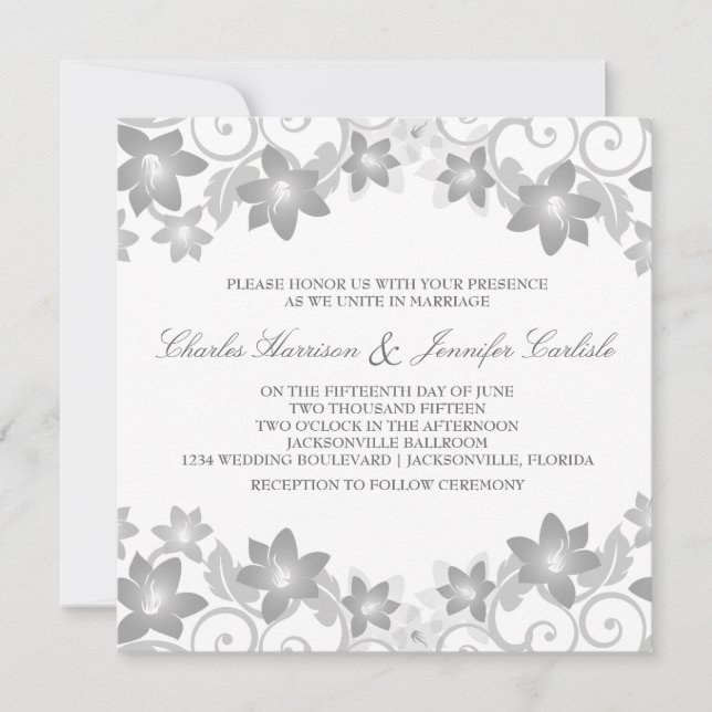 Gray Simple Floral Wedding Invite (Front)