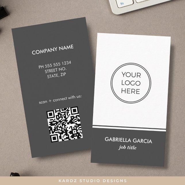Gray Simple Generic Logo QR Code Business Card (Front and back of gray business cards shown in 3.5 x 2 in. Personalize with logo, qr code + info.)