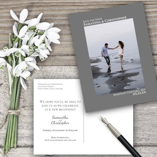 Gray Simple Minimalist Wedding Photo Save The Date Announcement Postcard