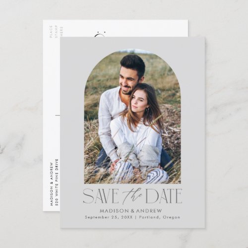 Gray  Simple Modern Arch Photo Save the Date Announcement Postcard