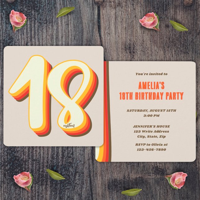 Gray Simple Modern Retro Groovy 18th Birthday Invitation (Front and Back)