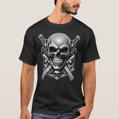 Gray Skull and Swords Shield T_Shirt
