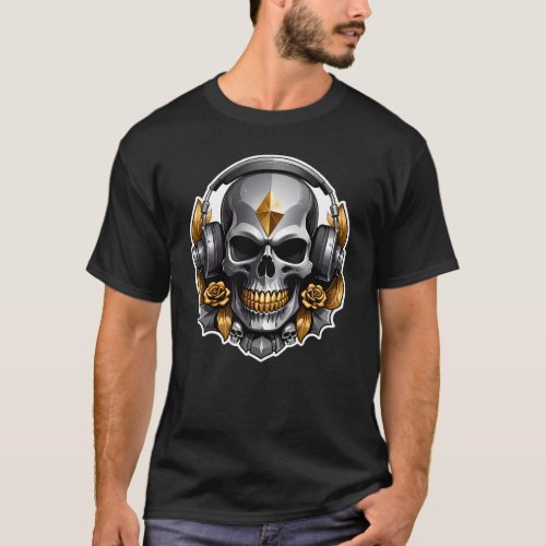Gray Skull Gold Flowers with Headphones T_Shirt