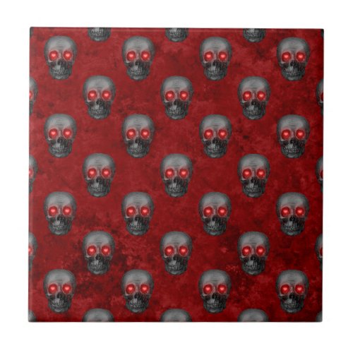 Gray Skull Heart Eyes Red Watercolor Goth Romantic Ceramic Tile