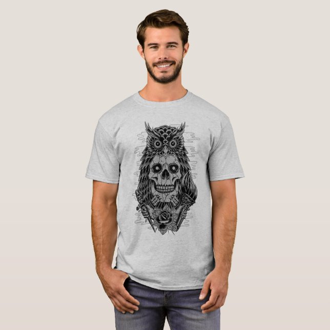 Gray Skull Owl Tattoo Rose T-Shirt (Front Full)