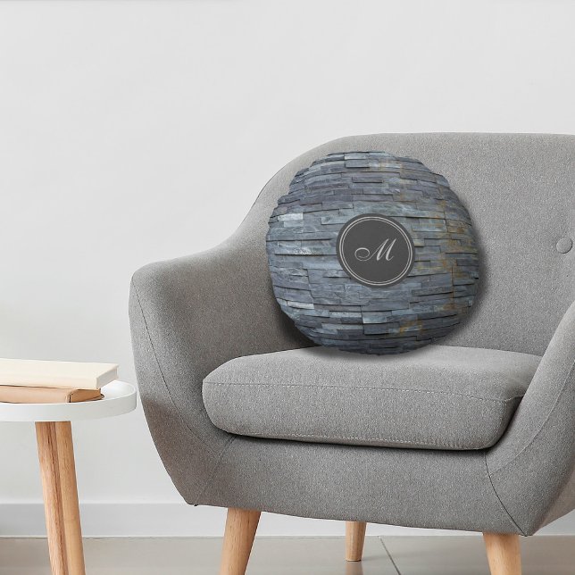 Gray Slate Monogram Round Pillow (Creator Uploaded)