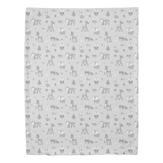 Gray Sleepy Woodland Critters Gender Neutral Duvet Cover (Front)