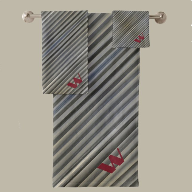Gray Smokey Monochromatic Stripes Monogrammed Bath Towel Set (Creator Uploaded)