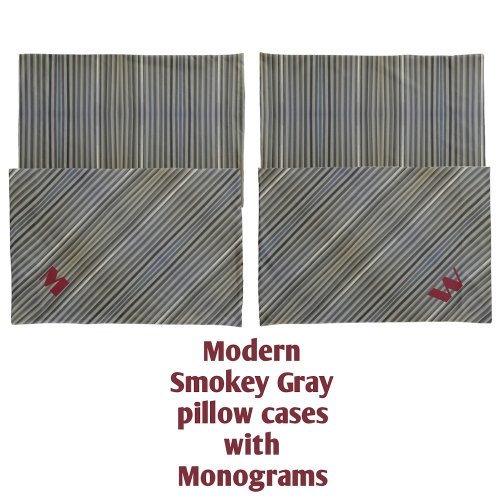 Gray Smokey Monochromatic Stripes Monogrammed Pillow Case