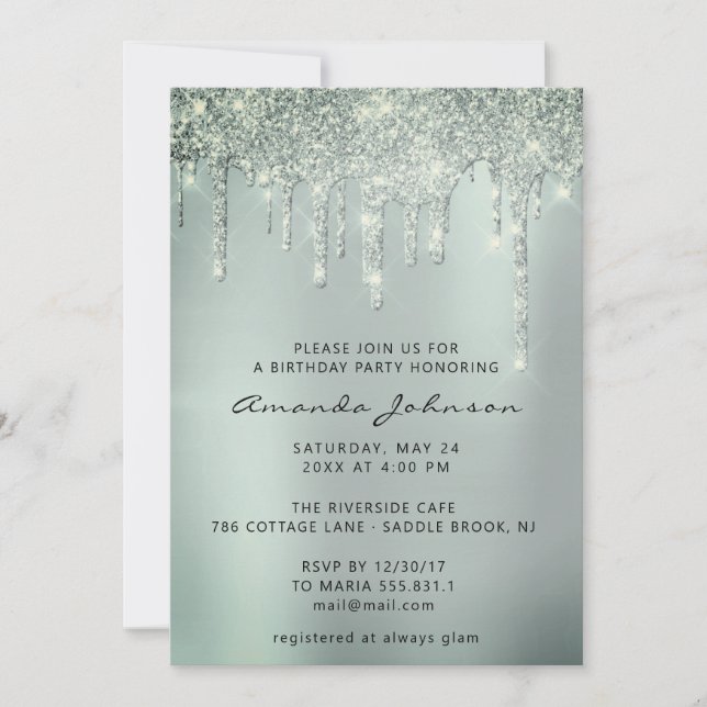 Gray Smoky Mint Glitter Effect Drip Birthday Invitation (Front)