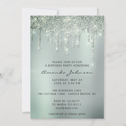 Gray Smoky Mint Glitter Effect Drip Birthday Invitation