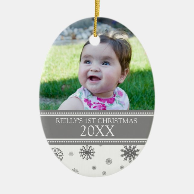 Gray Snow Photo Baby's 1st Christmas Ornament (Front)