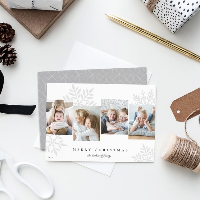 Gray | Snowdrop 4 Photo Collage Holiday Card (Creator Uploaded)
