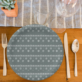 Gray Snowflake And Pine Tree Pattern Paper Plates by lemontreecards at Zazzle