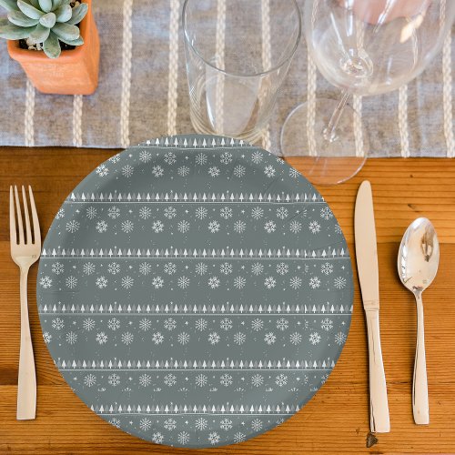 Gray Snowflake and Pine Tree Pattern Paper Plates