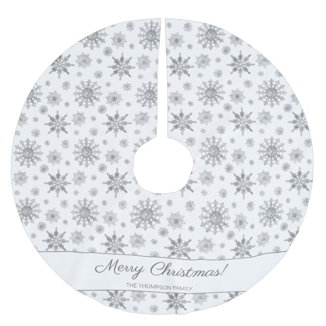 Gray Snowflakes And Custom Family Name Christmas Brushed Polyester Tree Skirt (Front)