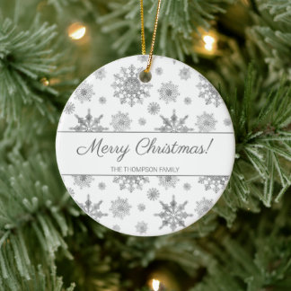 Gray Snowflakes And Custom Family Name Christmas Ceramic Ornament
