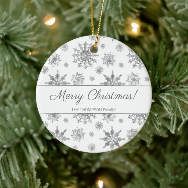 Gray Snowflakes And Custom Family Name Christmas Ceramic Ornament (Tree)