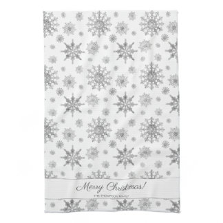 Gray Snowflakes And Custom Family Name Christmas Kitchen Towel