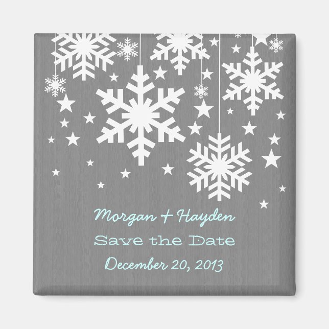 Gray Snowflakes and Stars Save the Date Magnet (Front)