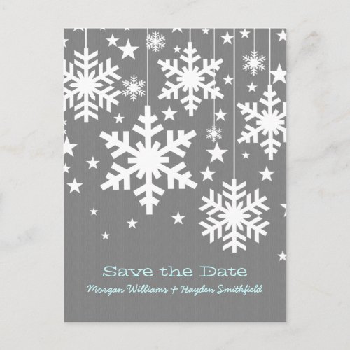 Gray Snowflakes and Stars Save the Date Postcard