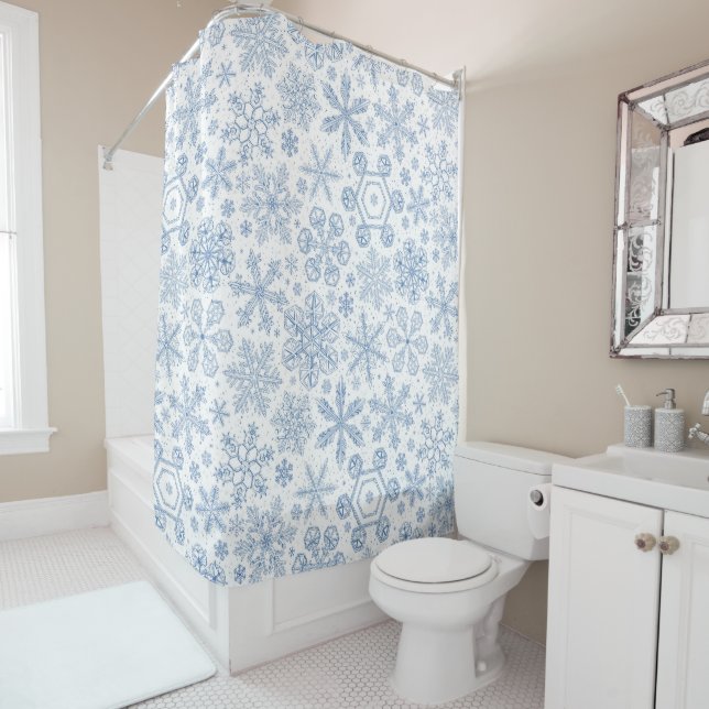 Gray Snowflakes on off white Shower Curtain (In Situ)