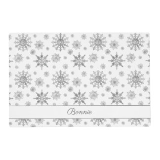 Gray Snowflakes Pattern &amp; Custom Name Placemat