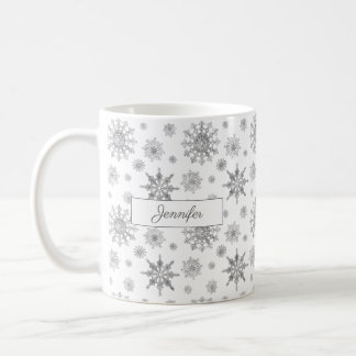 Gray Snowflakes Pattern With Custom Name Coffee Mug