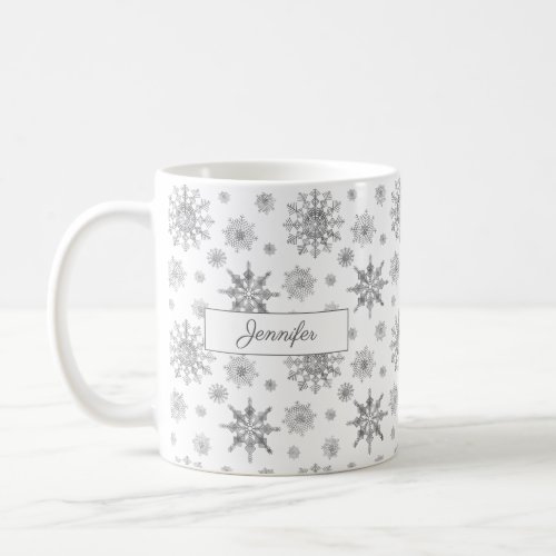 Gray Snowflakes Pattern With Custom Name Coffee Mug