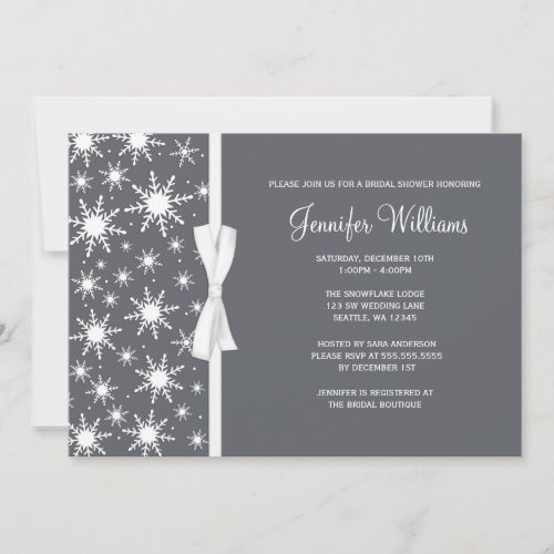 Gray Snowflakes White Bow Winter Bridal Shower Announcement